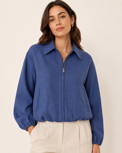 Blauwe Dames Bomber Jacket met Kraag & Rits