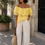 Zonnige Zomer Broderie Top Licht Geel