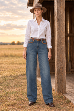 Blauwe Wide Leg Jeans met Suède Details