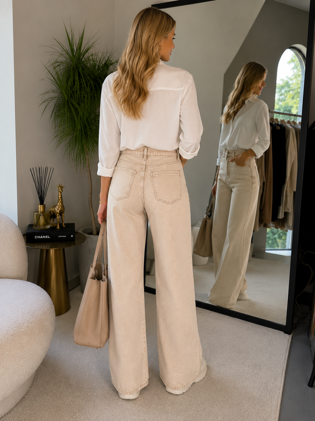 Beige High Waist, Wide Leg Jeans - Extra Lang