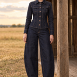Donkerblauw Getailleerd Denim Jasje met Contraststiksels