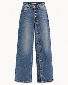 Calça Jeans Pantalona com Botões na Perna – Feminina