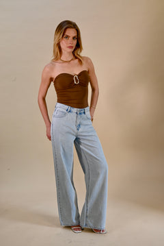 Bodysuit Top in Chocolate Kleur met Gesp Detail
