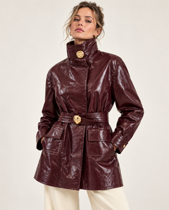 Burgundy Faux Leather Coat with Belt and Gold Buttons – Women