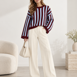 Gestreepte oversized trui bordeaux en lichtblauw – dames