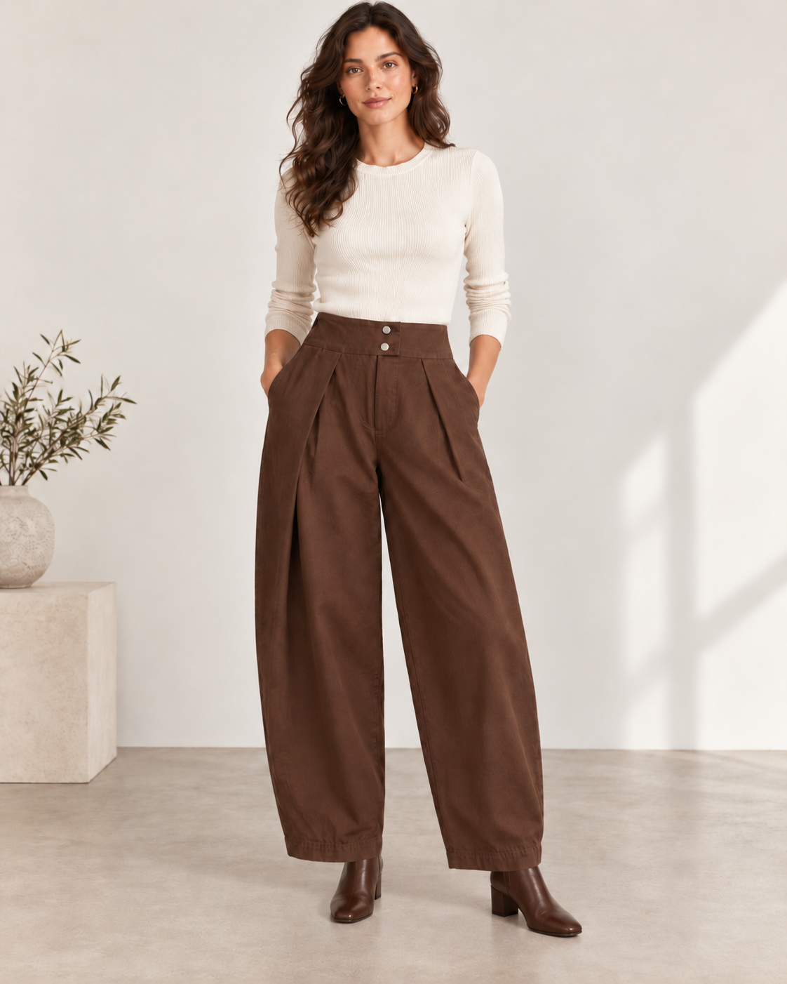 Bruine barrel broek met hoge taille en plooien