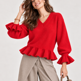 Trui met V-hals en Ruches – Rood
