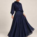 Setje met strikblouse en maxirok – Donkerblauw
