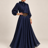 Setje met strikblouse en maxirok – Donkerblauw
