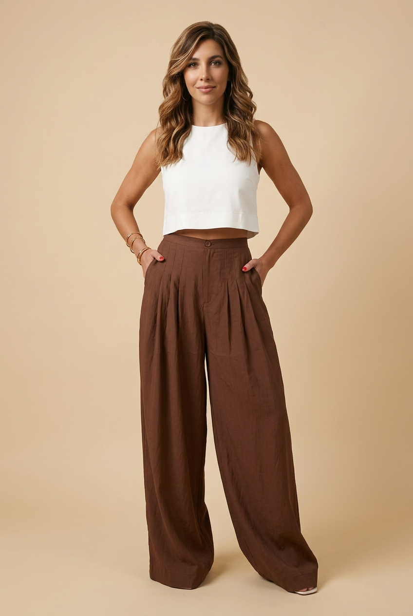 Satijn Pantalon Choco Tint - Lang Wide Leg