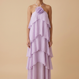 Lila Gelaagde Maxi Jurk met Bloemdetail