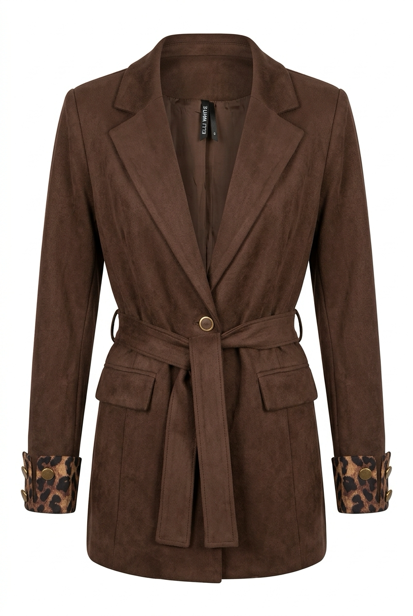 Bruine Suèdelook Blazer met Leopard Details