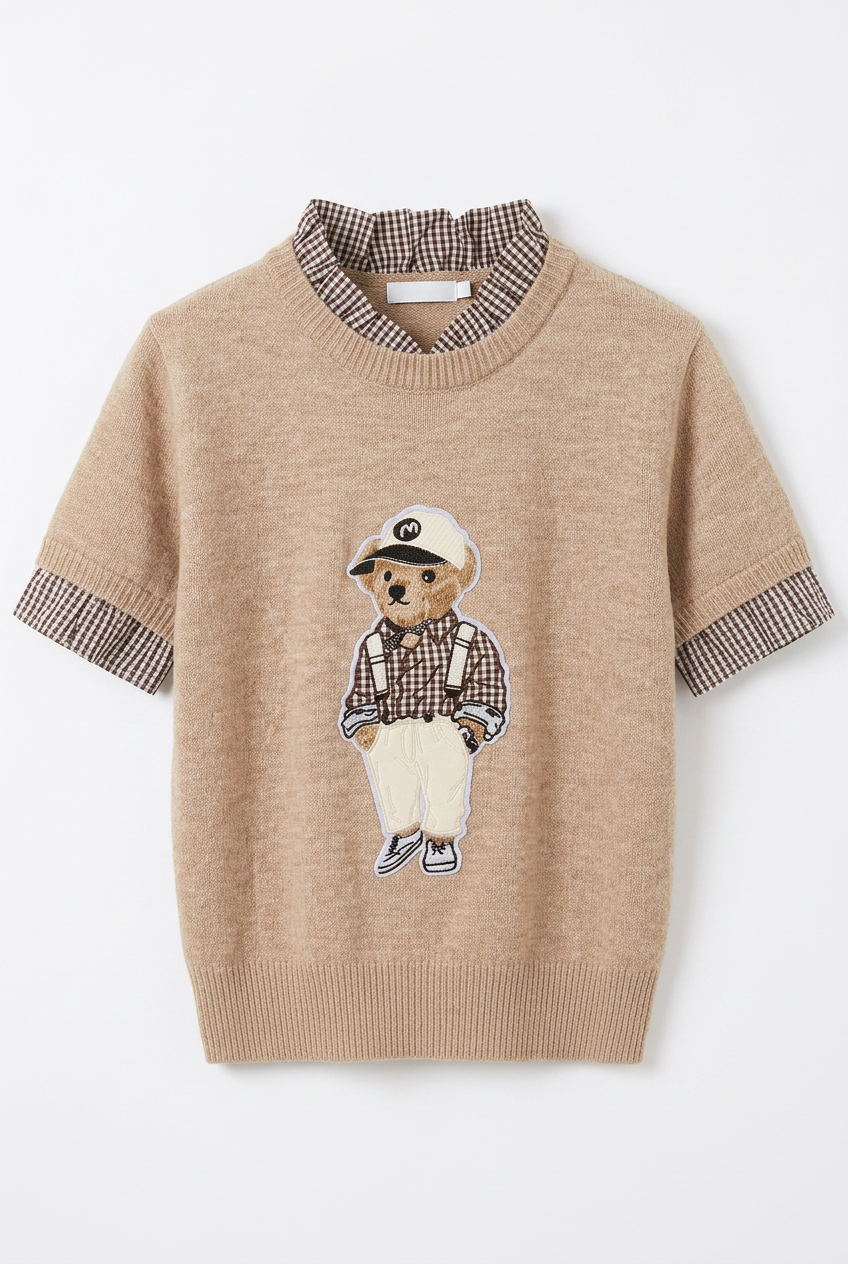 Beige Teddy Bear Knit Top met Ruitdetails