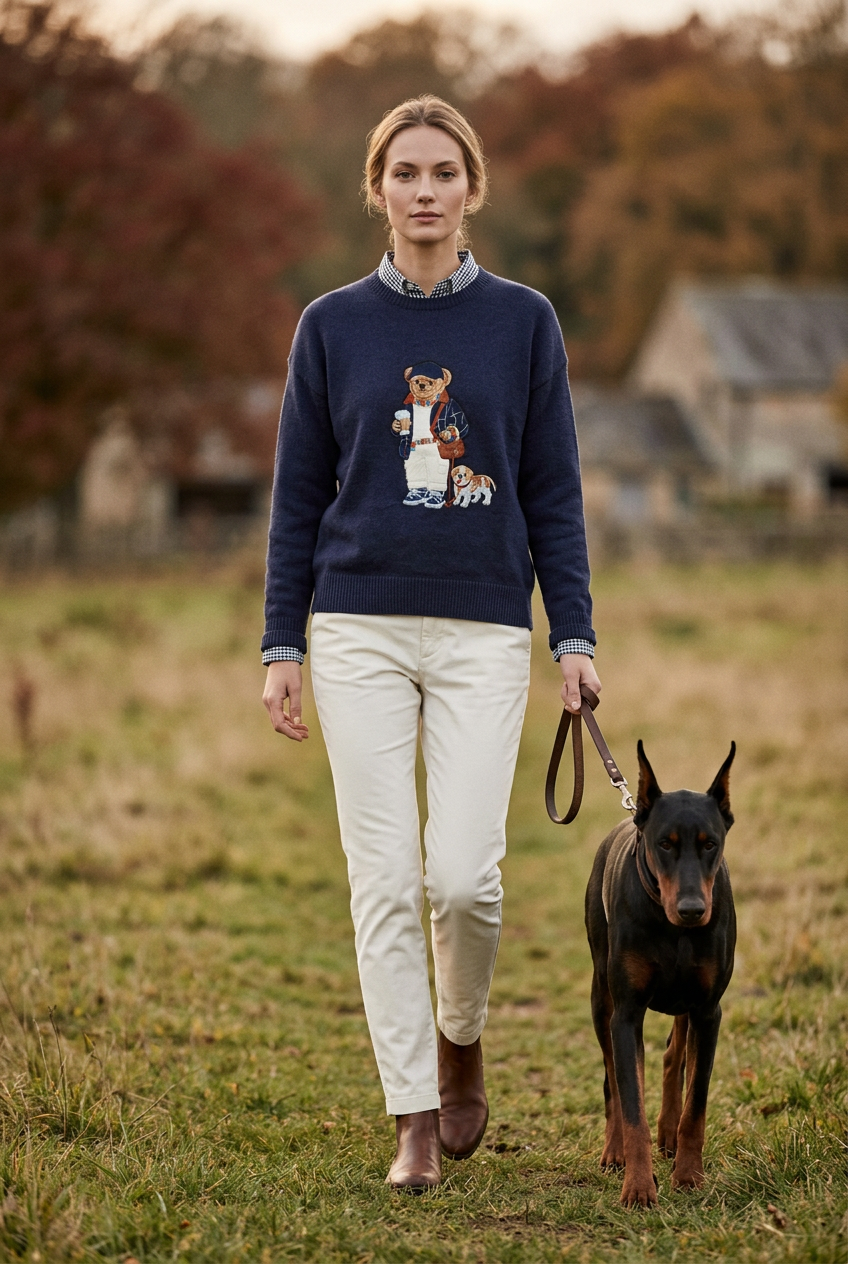 Donkerblauwe Trui met Geruite Blouse Details & Teddy Borduurse