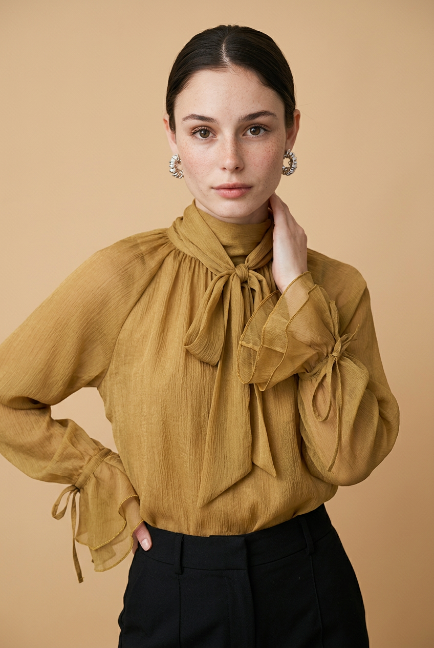 Okerkleurige Damesblouse met Strik en Lange Mouwen