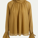 Okerkleurige Damesblouse met Strik en Lange Mouwen