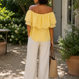 Zonnige Zomer Broderie Top Licht Geel