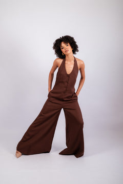 Women’s Halter Wide Leg Jumpsuit with Buttons